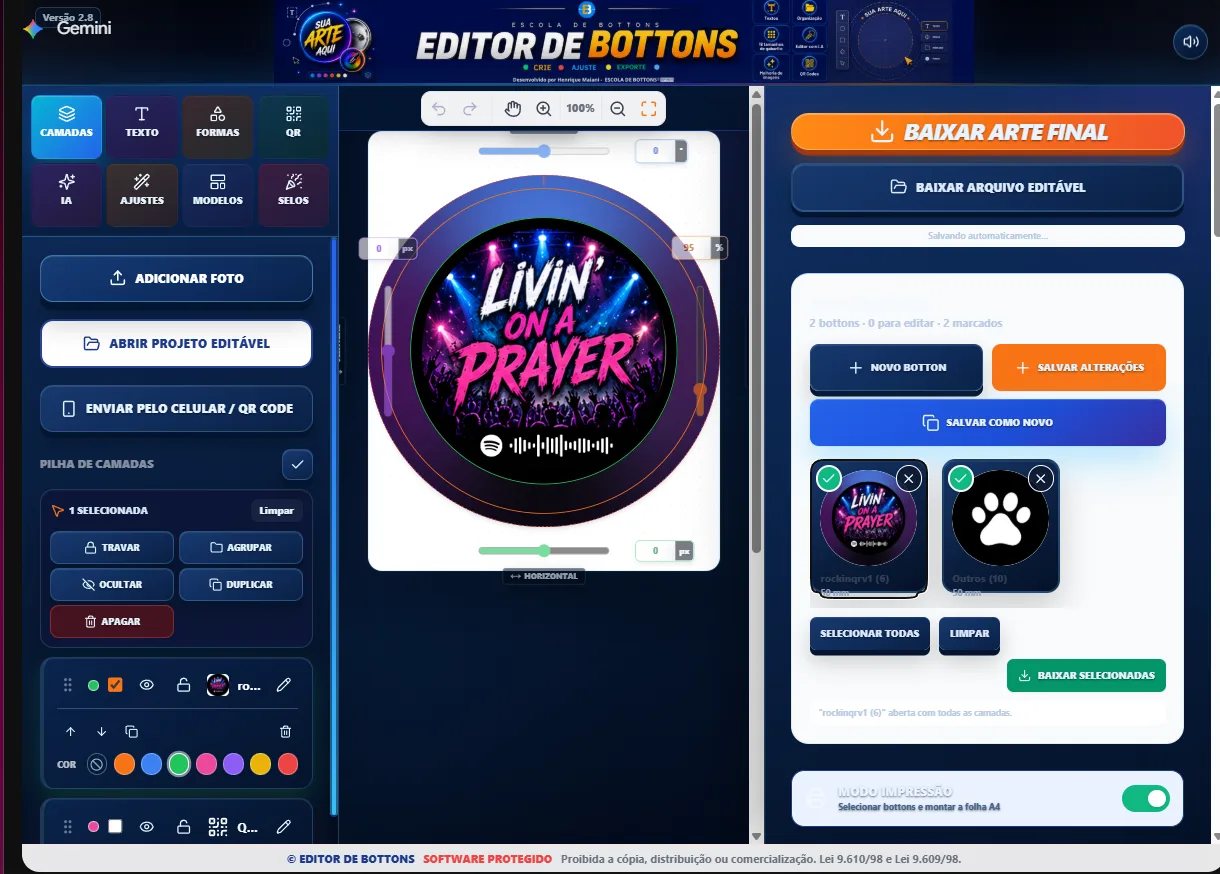 Tela real da ferramenta Editor de Bottons
