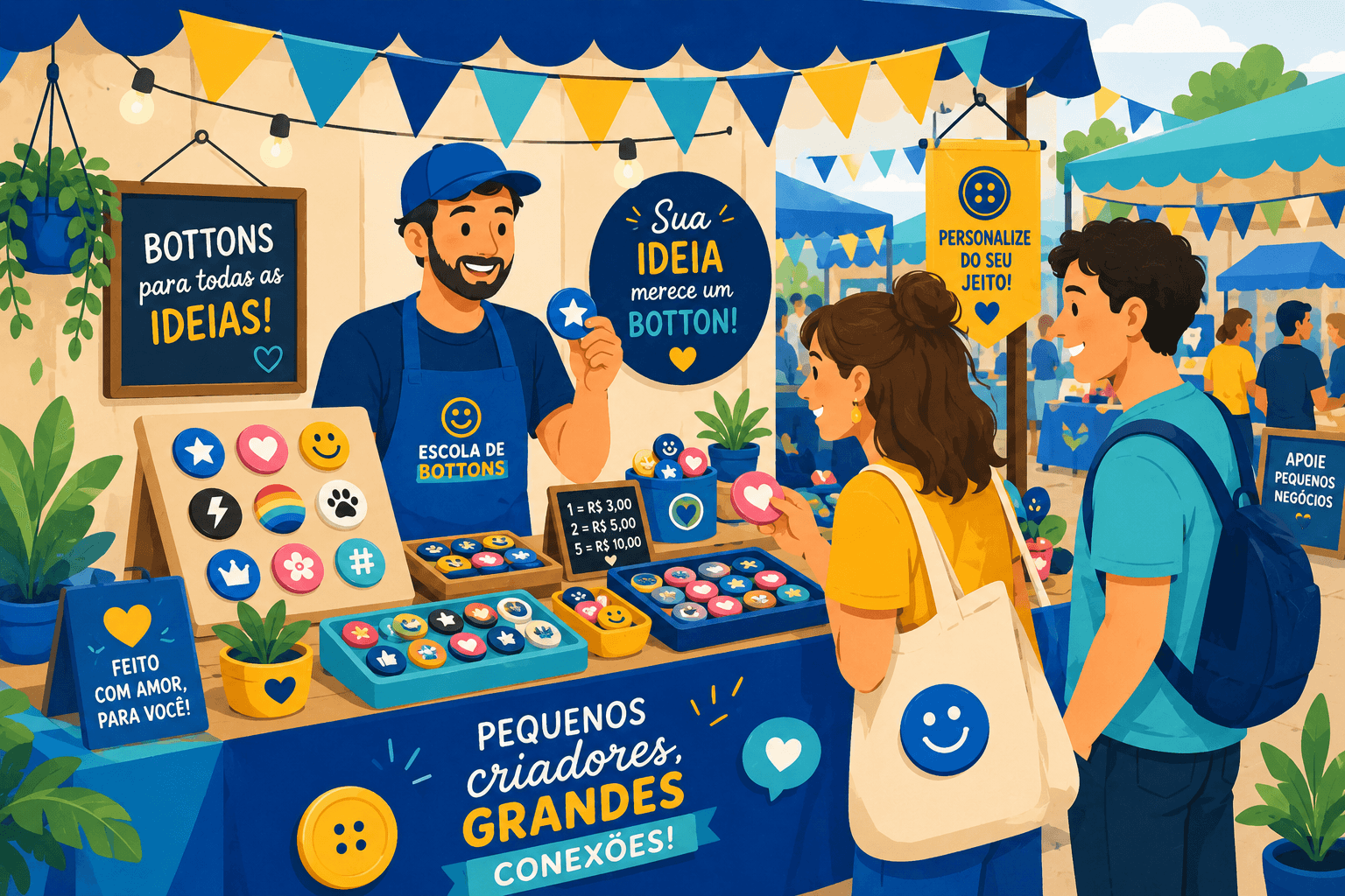 Feira artesanal com barraca de bottons coloridos