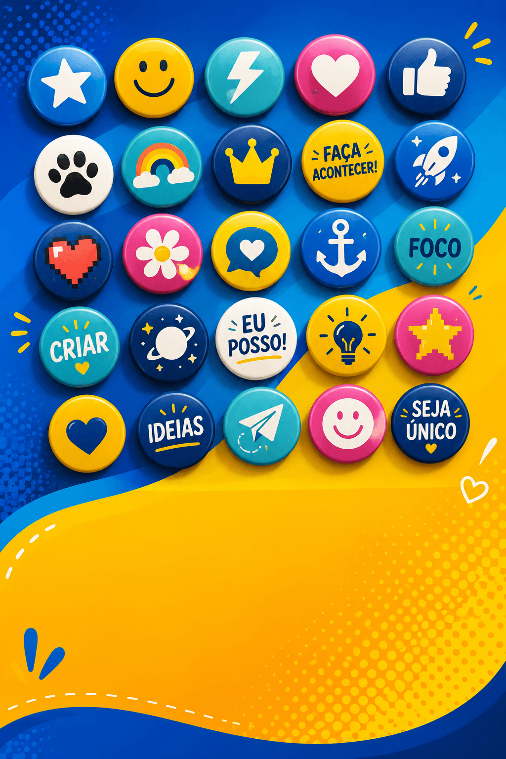 Banner com vários bottons coloridos em fundo azul e amarelo