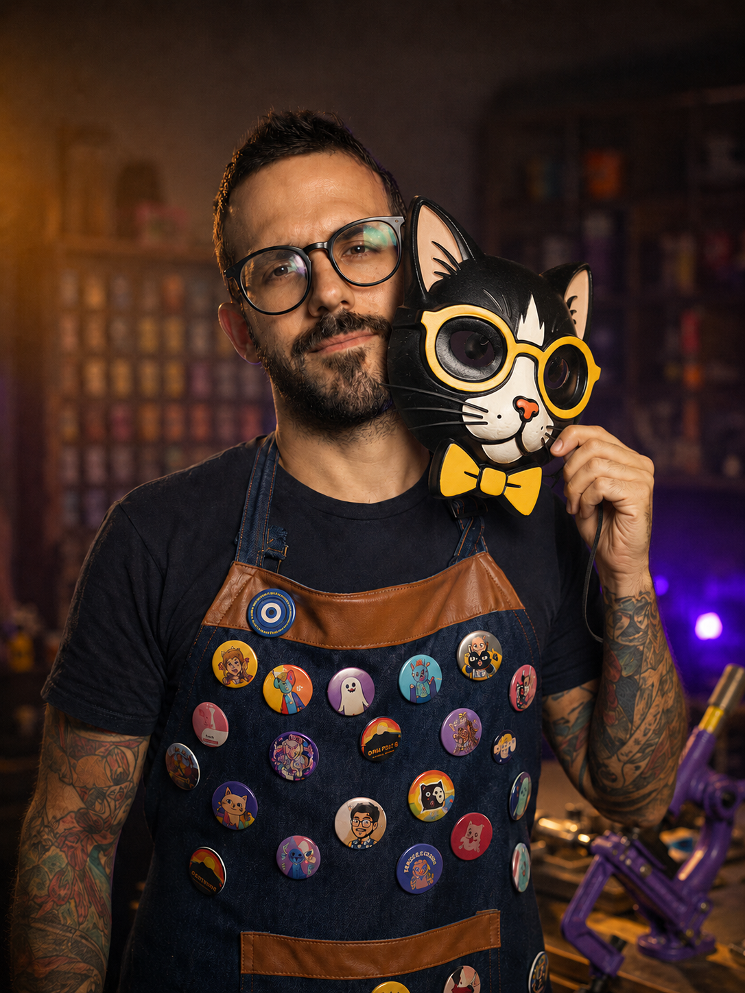 Henrique Maiani com a máscara do Gato de Bottons