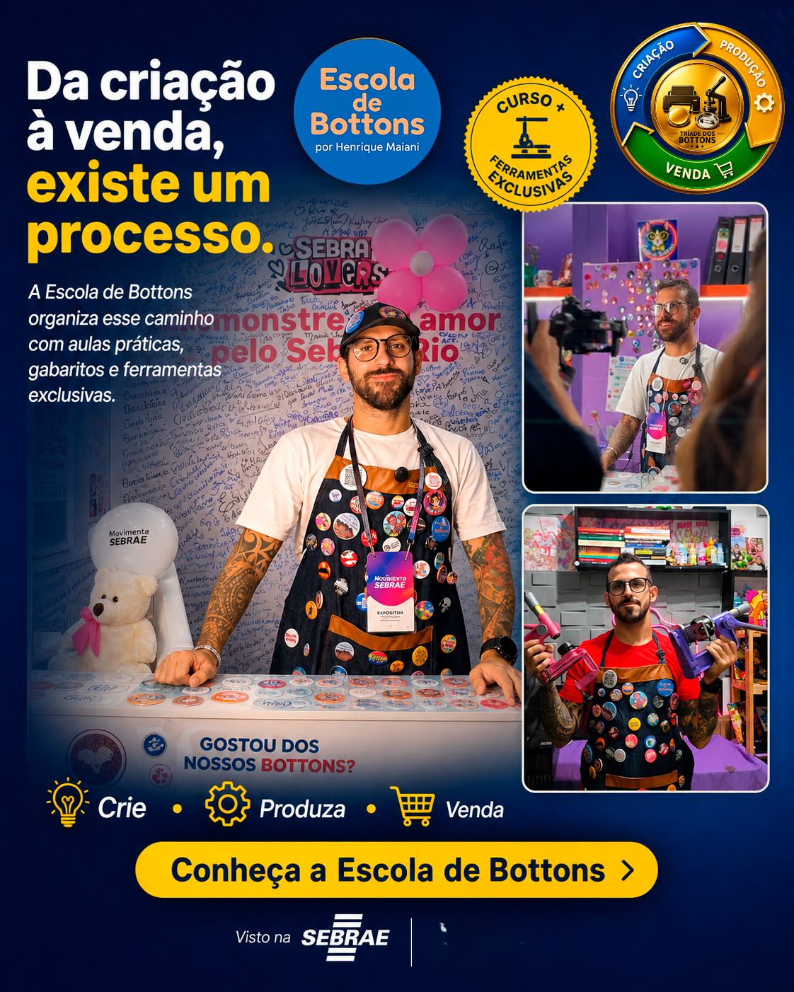 Henrique Maiani apresentando a Escola de Bottons em ação ligada ao Sebrae