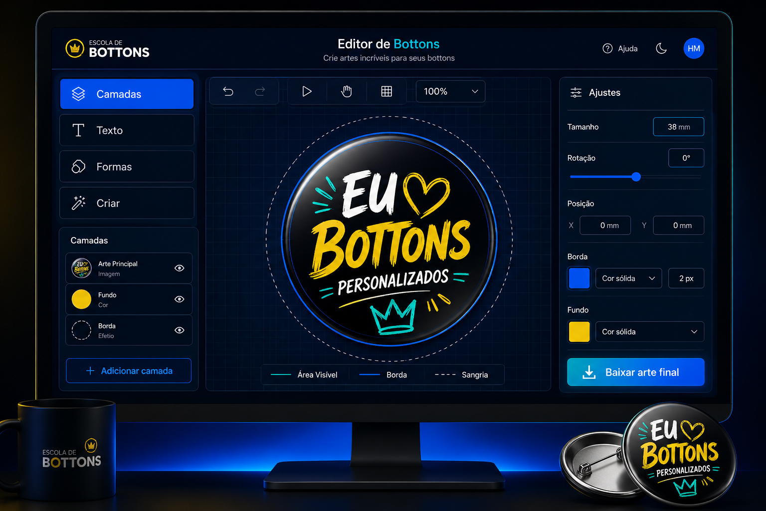Interface do Editor de Bottons com gabarito circular, foto, texto e controles laterais
