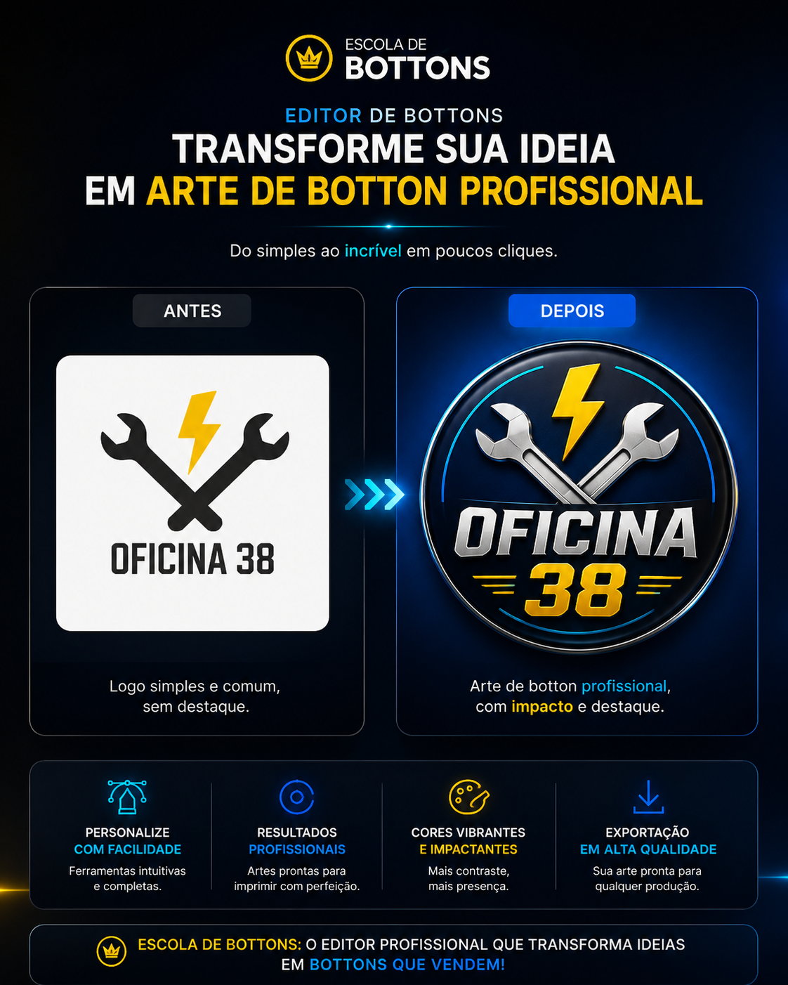Antes e depois de logo virando arte para botton