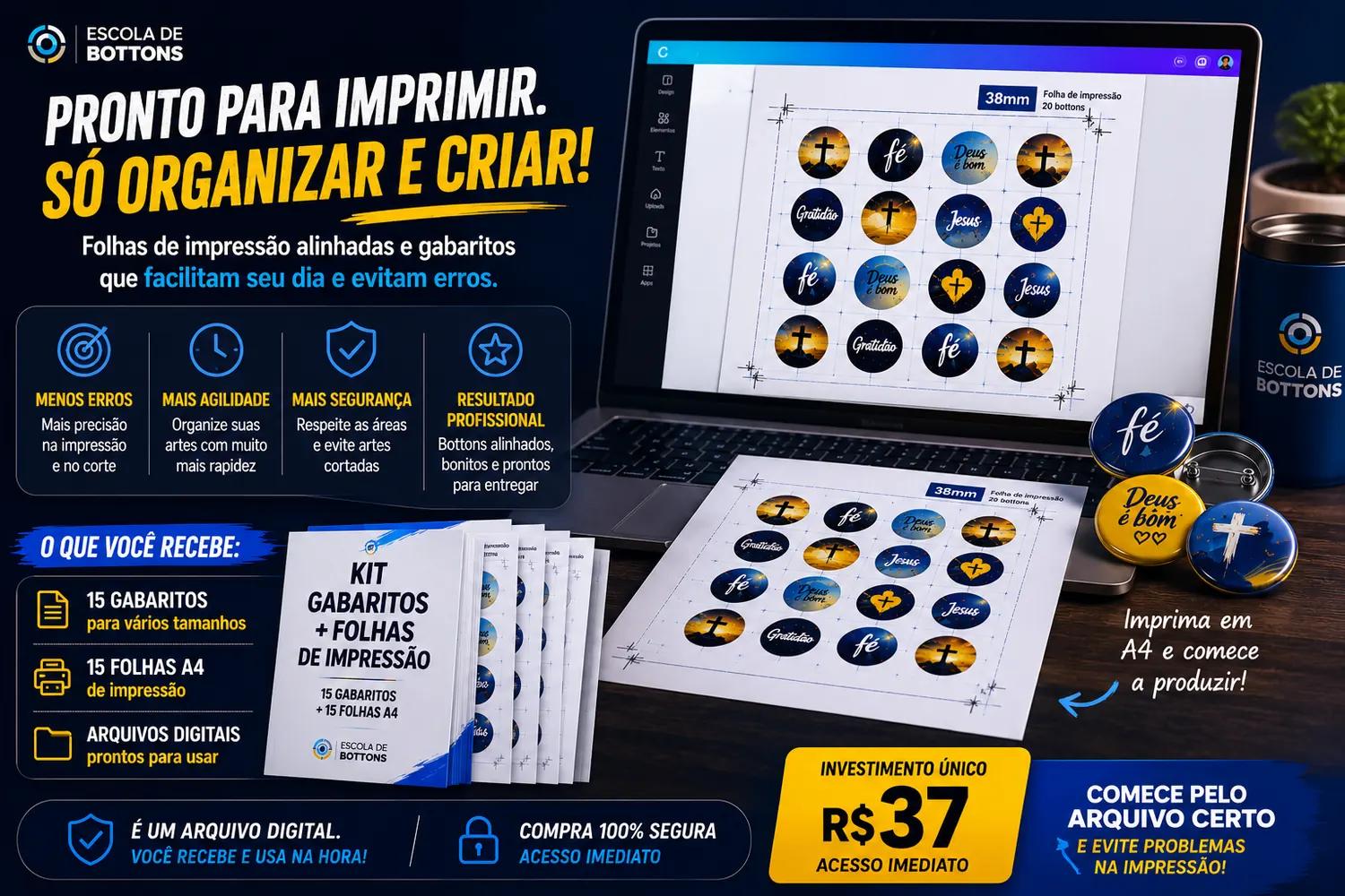 Kit Gabaritos + Folhas de Impressão da Escola de Bottons com folhas A4 e gabaritos para bottons