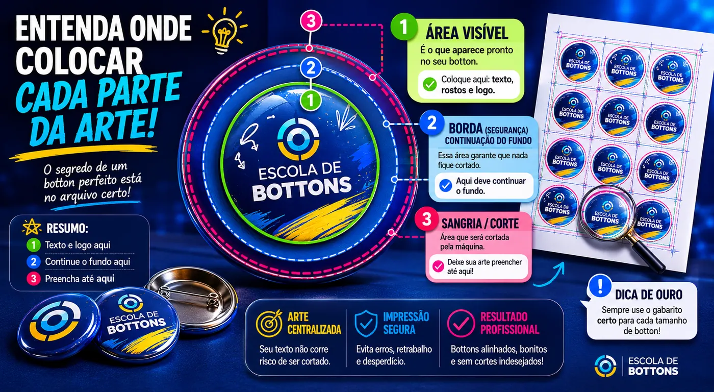 Infográfico explicando área visível, borda e sangria para arte de bottons
