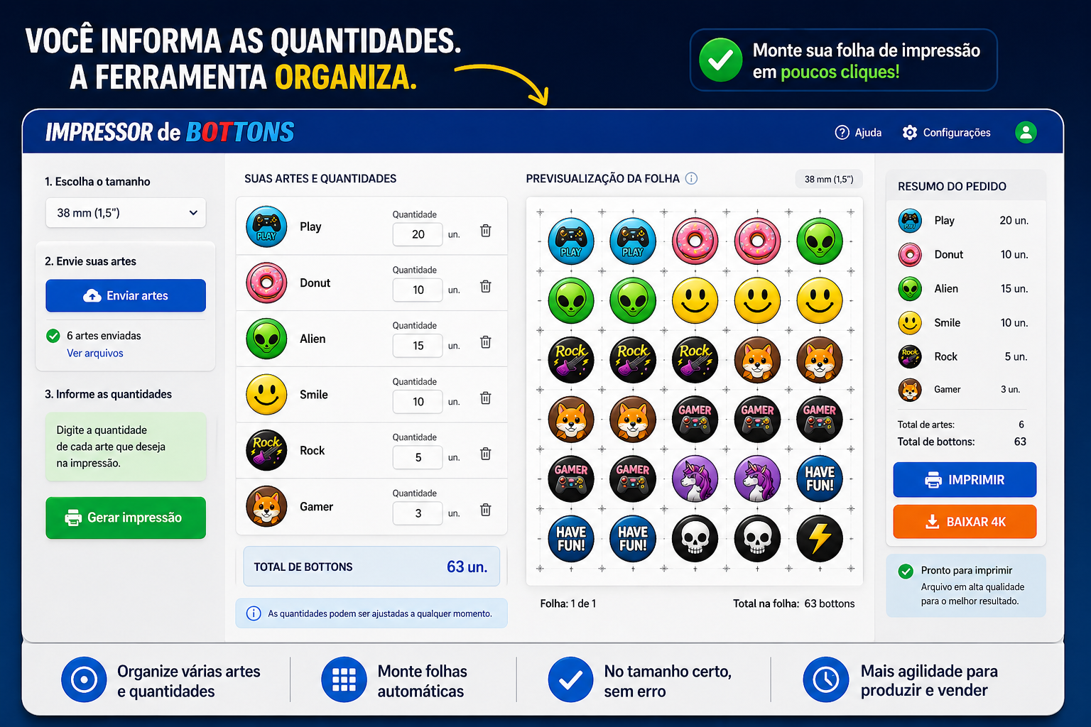 Tela do Impressor de Bottons com seleção de tamanhos e quantidades