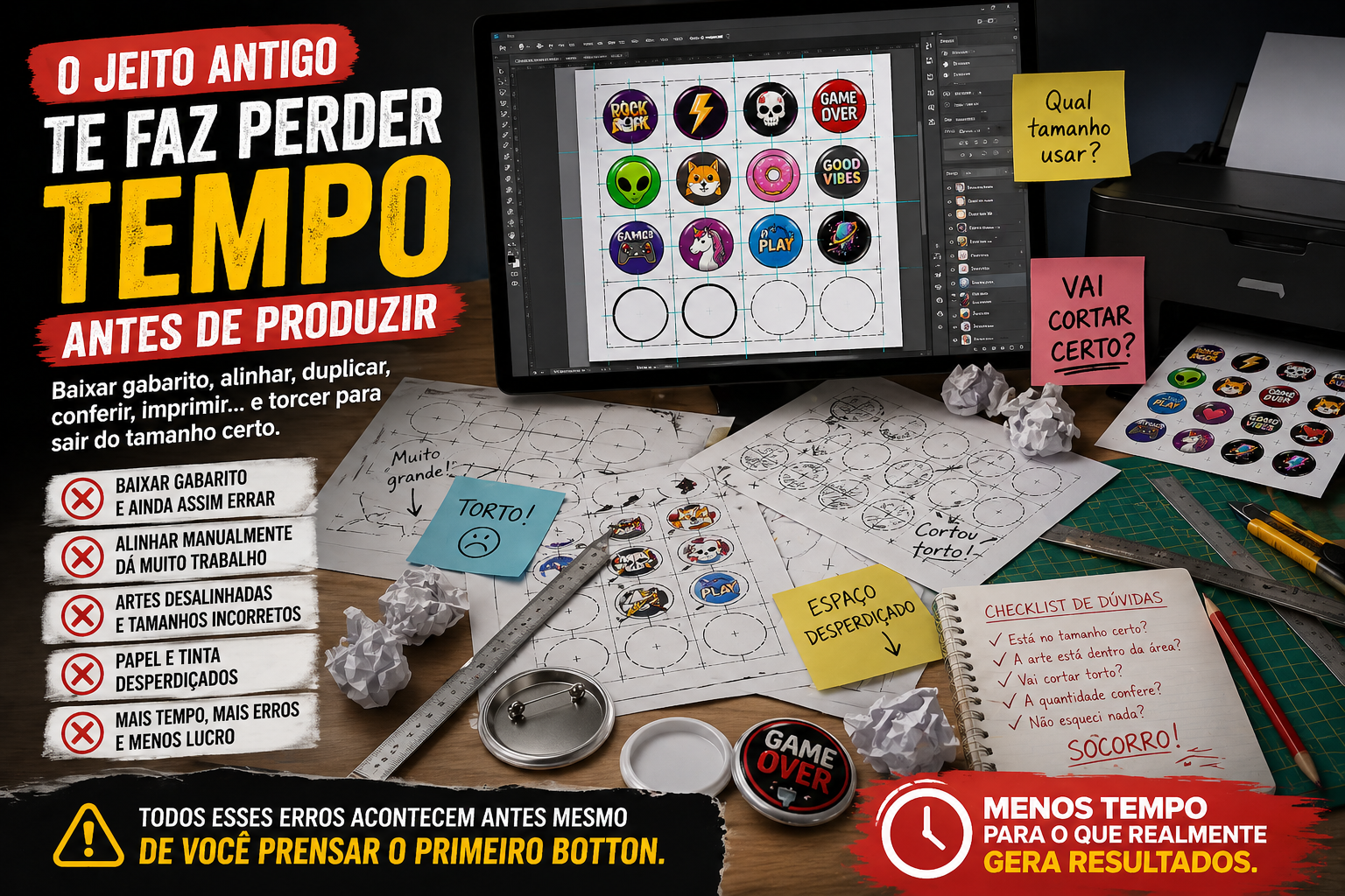 Exemplo do jeito antigo de montar artes de bottons manualmente no computador