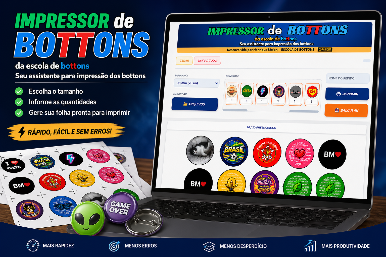 Tela do Impressor de Bottons mostrando uma folha pronta para imprimir