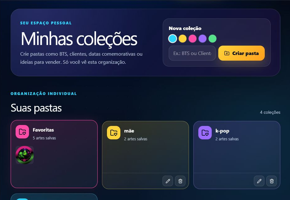 Tela de favoritos e coleções do catálogo